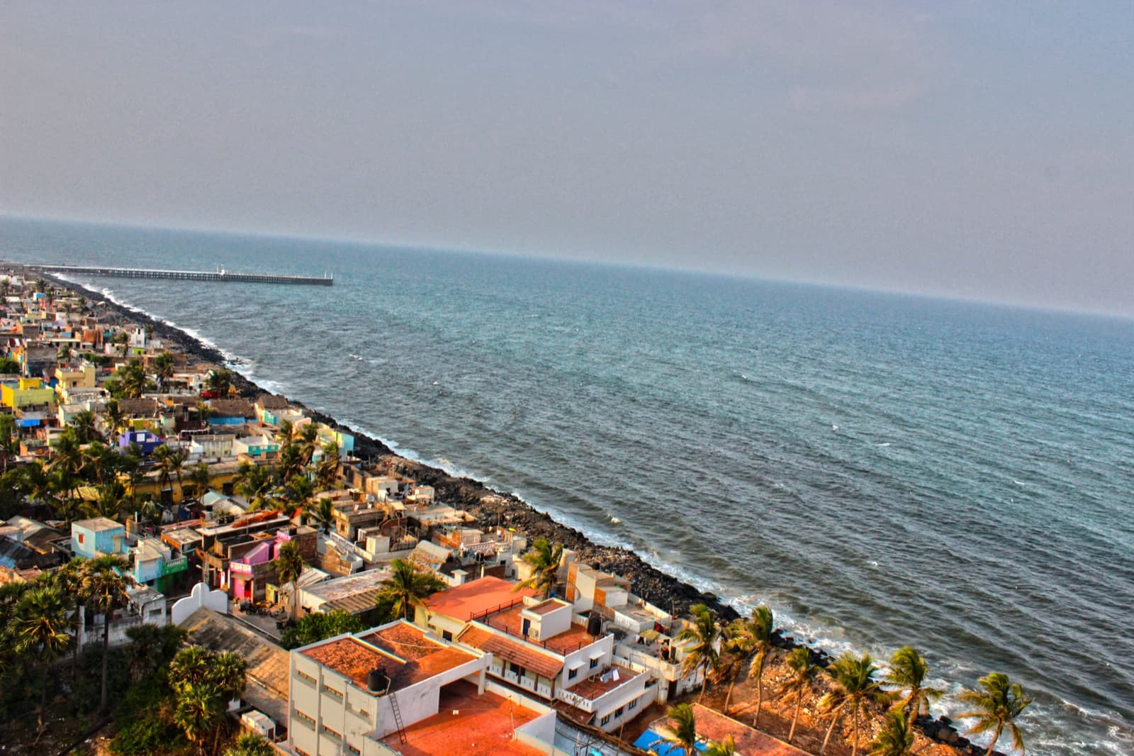Aerial view of Rock Beach promenade in Pondicherry